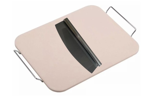 Hochwertiger Pizzastein Set 38 x 30cm inkl. Halter und Schneider